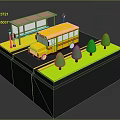 School Bus Stop Scene With Yellow Bus Shelter Street Lamps Green Trees And Grass
