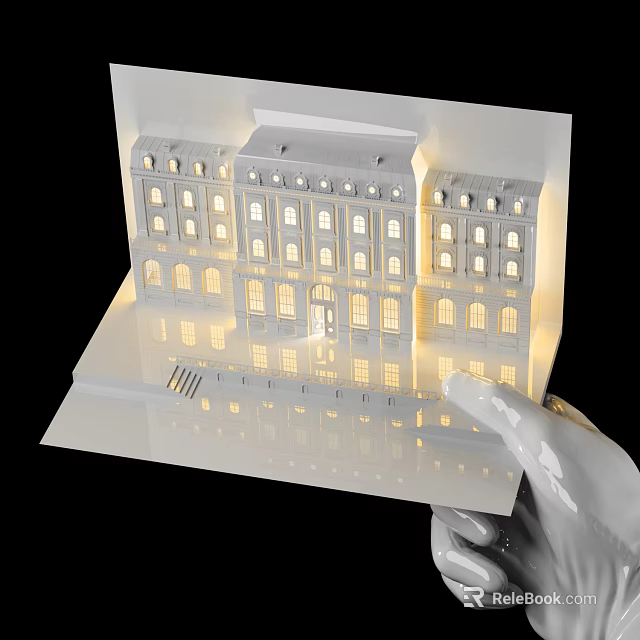 Detailed Architectural Sculpture Model With Illuminated Windows And Reflective Base Held By White Gloved Hand 3d model 