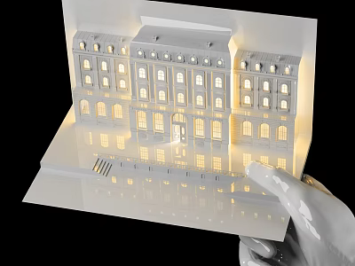 Detailed Architectural Sculpture Model With Illuminated Windows And Reflective Base Held By White Gloved Hand 3d model