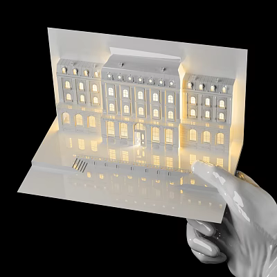 Detailed Architectural Sculpture Model With Illuminated Windows And Reflective Base Held By White Gloved Hand 3d model