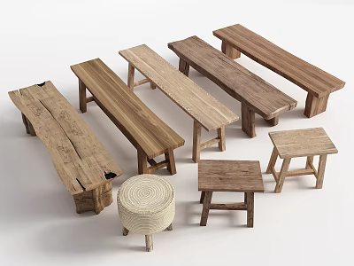Wooden Public Chairs With Various Styles Including Woven Stools And Long Benches 3d model