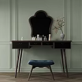 Wooden Dressing Table With Checkered Drawers Mirror Blue Upholstered Stool And Vase Of Dried Flowers