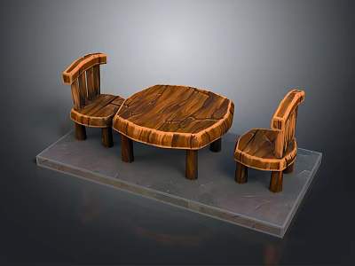 Wooden Round Table and Two Chairs Dining Set with Natural Rustic Design 3d model