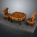 Wooden Round Table and Two Chairs Dining Set with Natural Rustic Design 3d model