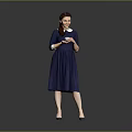 Woman in Dark Blue Dress With White Collar Braided Hair Holding Cup Against Gray Background