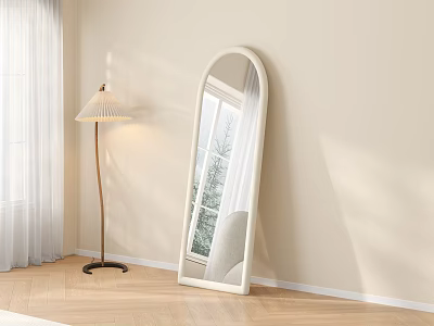 White Arched Floor Mirror in Beige Wall Room with Floor Lamp Wooden Floor and Curtains 3d model