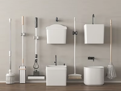 Wall Mounted Bathroom Fixtures And Cleaning Tools Like Mops Brooms Toilet Brushes 3d model