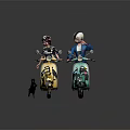 Game Movie Characters Riding Colorful Scooters With Helmets And Black Cat On Cobblestone Path