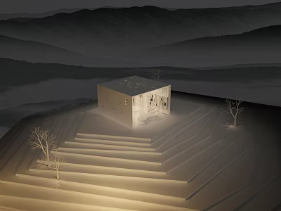 White Desert House On Stepped Terrain With Dry Trees And Warm Lighting 3d model
