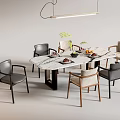 Modern Dining Table Set With Marble Top And Mixed Material Chairs With Hanging Light 3d model