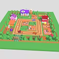 Colorful Cartoon Farm Scene Featuring Houses Barn Trees Animals Trucks Fences And Crops
