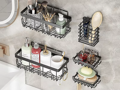 Modern Bathroom Storage Set With Wall Mounted Metal Wire Baskets And Toiletries 3d model