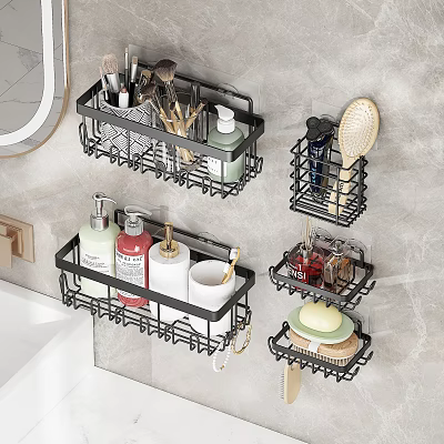 Modern Bathroom Storage Set With Wall Mounted Metal Wire Baskets And Toiletries 3d model