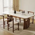 Wooden Dining Table Set with Four Chairs Marble Top in Room with Window and Rug