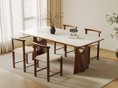 Wooden Dining Table Set with Four Chairs Marble Top in Room with Window and Rug 3d model
