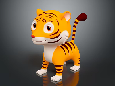 Cute 3D Cartoon Tiger Character With Yellow Black Stripes Big Eyes Red Nose White Belly Paws 3d model