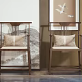 New Chinese Wooden Single Chair With Beige Linen Cushion And Traditional Landscape Painting Interior