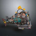Vintage Mechanical Contraption Featuring Orange Lights Metal Components And Dome Structure 3d model