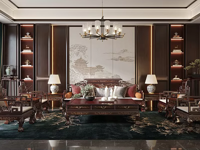 Traditional Chinese Living Room Interior With Mahogany Furniture Chandelier Landscape Painting And Decorative Rug 3d model