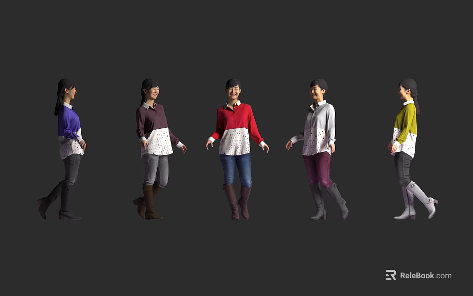 Women Wearing Colorful Tops and Various Pants with Different Footwear Styles 3d model 