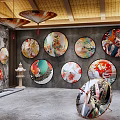 Japanese Style Interior With Circular Floral Bird Figure Paintings And Oil Paper Umbrellas