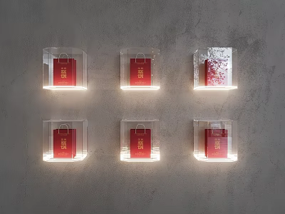 Red Packaged Food Items Displayed in Illuminated Transparent Boxes on Gray Wall 3d model