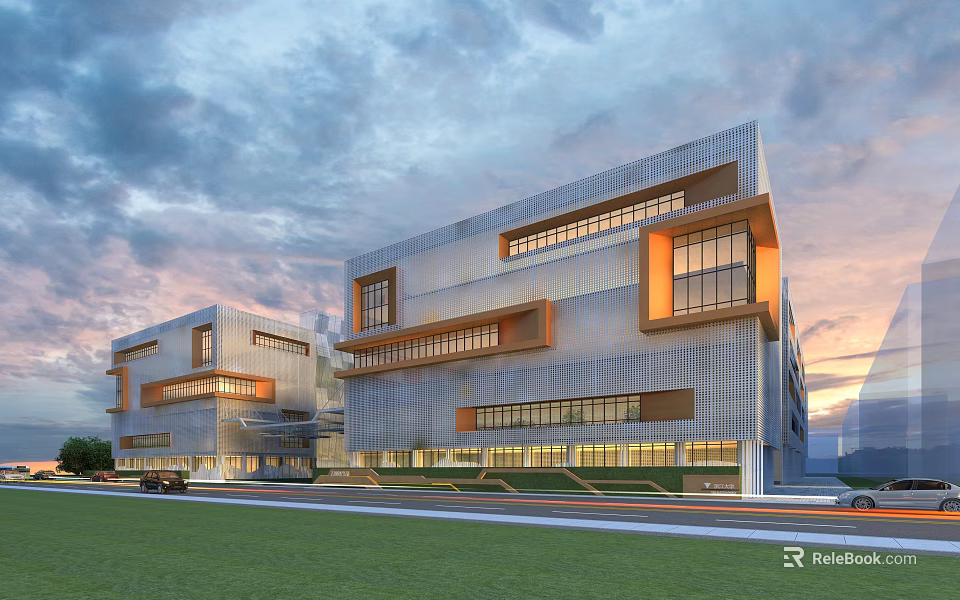 Modern Office Complex With Glass Facades Metal Panels Front Lawn And Evening Sky View 3d model 