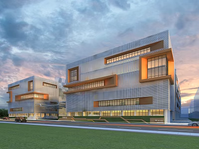 Modern Office Complex With Glass Facades Metal Panels Front Lawn And Evening Sky View 3d model