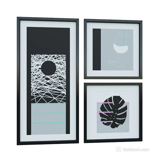 Modern Black Framed Abstract Paintings With Geometric Shapes Lines Leaf Pattern And Wine Glass Silhouette 3d model 