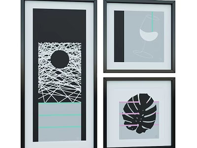 Modern Black Framed Abstract Paintings With Geometric Shapes Lines Leaf Pattern And Wine Glass Silhouette 3d model
