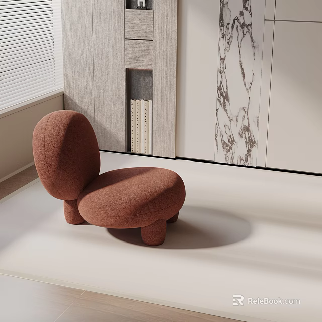 Modern Brown Fabric Leisure Chair In Bright Living Room With Bookshelf And Marble Wall 3d model 