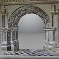 Stone Archway Structure With Carved Pillars And Checkered Floor Design 3d model