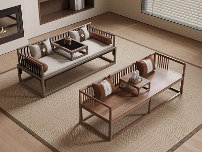 Traditional Chinese Wooden Daybeds With Decorative Pillows Side Tables And Tea Sets On Rug 3d model