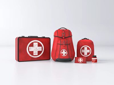 Red Medical First Aid Kit Bags With White Cross Symbol And Emergency Supplies 3d model