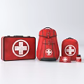 Red Medical First Aid Kit Bags With White Cross Symbol And Emergency Supplies
