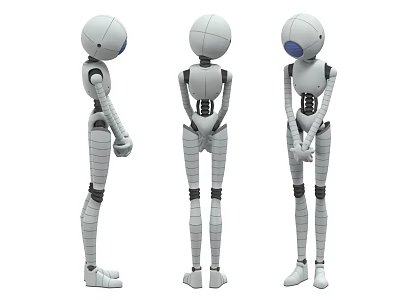 Humanoid Robot Model Showcased In Three Different Angles With White Body And Blue Eyes 3d model