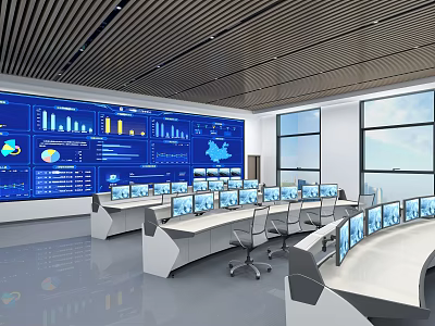 Modern Control Room Featuring Large Blue Data Screens Charts And Multiple Computer Consoles 3d model
