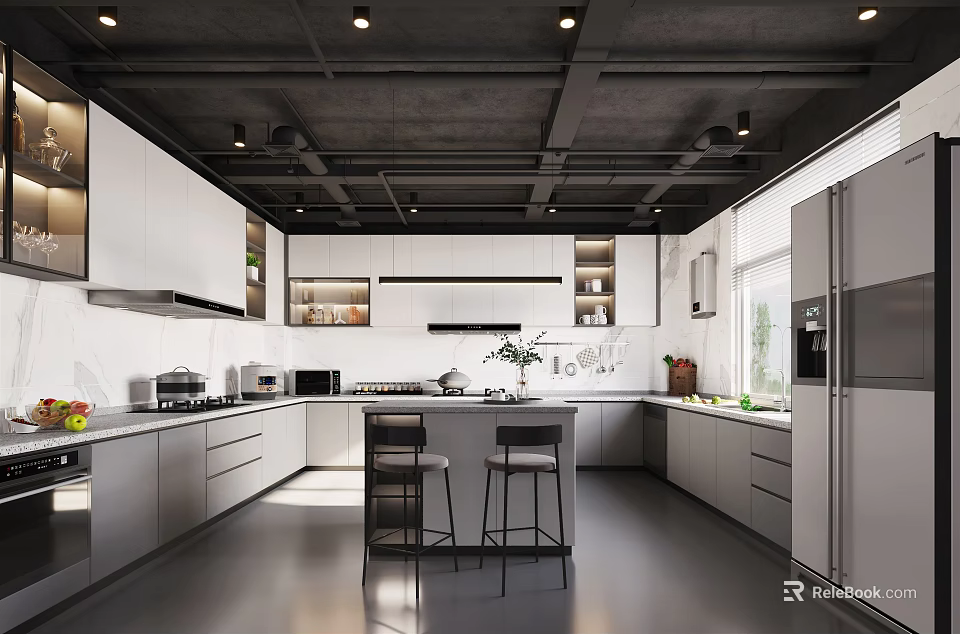 Modern Open Kitchen Interior With Island Counter Bar Stools And Cabinets 3d model 