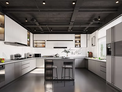 Modern Open Kitchen Interior With Island Counter Bar Stools And Cabinets 3d model