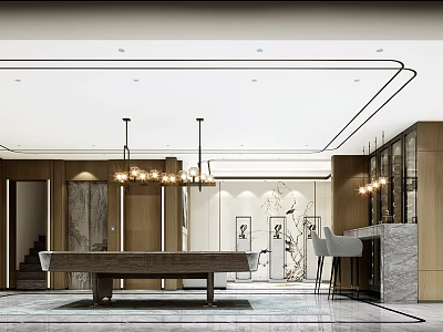 Modern Entertainment Room Interior With Pool Table Chandeliers Bar Stools And Artworks 3d model