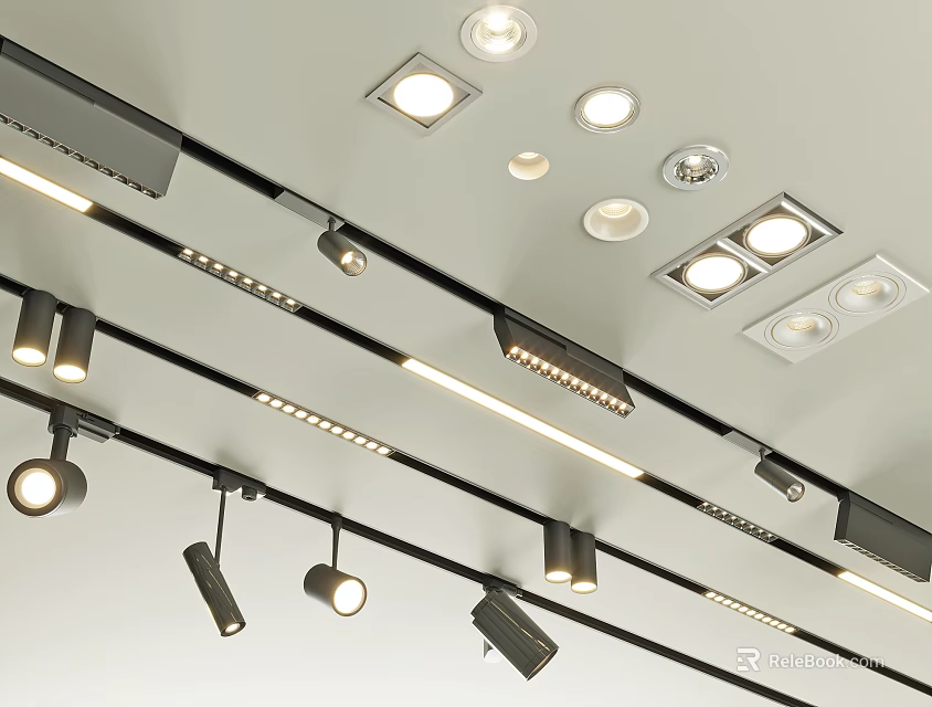 Modern Ceiling Lighting Design With Recessed Downlights And Track Spotlights 3d model