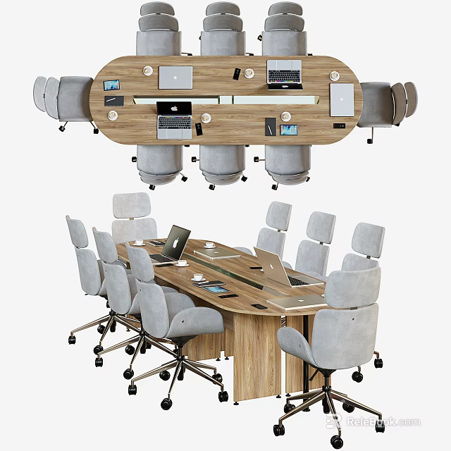 Modern Wooden Conference Table With Gray Rolling Chairs Laptops And Meeting Equipment 3d model 