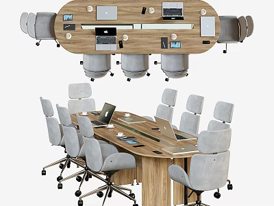 Modern Wooden Conference Table With Gray Rolling Chairs Laptops And Meeting Equipment 3d model