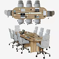 Modern Wooden Conference Table With Gray Rolling Chairs Laptops And Meeting Equipment