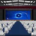 Modern Conference Hall Setup Featuring Blue Lighting Large Screen Eye Graphic And Seats