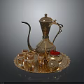 Ornate Golden Engraved Tea Set With Teapot Small Cups Red Lid Container On Tray