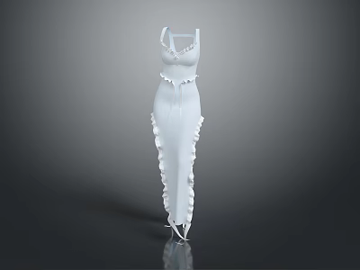 Elegant White Sleeveless Dress With Ruffled Waist And Layered Hem Design 3d model