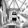 Elegant Spacious Dining Room Interior With Large Windows Chandelier And Dining Table Chairs