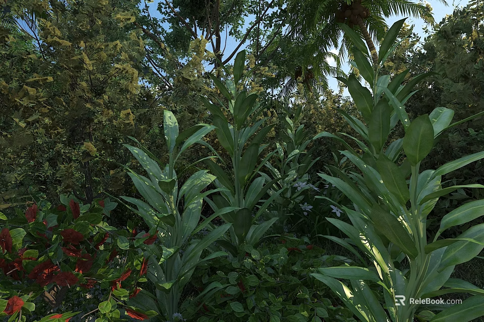 Lush Green Crops Surrounded by Other Plants with Wide Leaves Under Sunlight in Natural Environment 3d model 