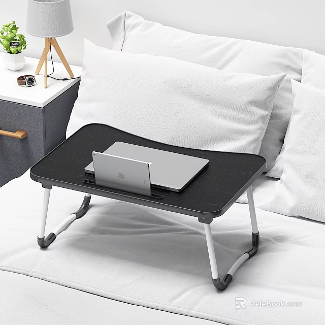 Black Bed Desk With Laptop On White Bed And Soft Pillows Setup 3d model 